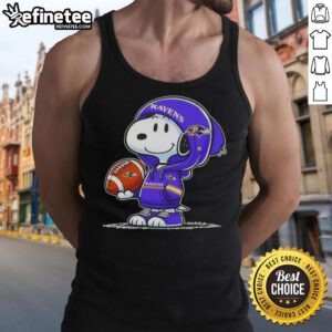 Premium Peanuts Snoopy in a hoodie smiling at fans on a Baltimore Ravens tank top, showcasing team spirit and fun.