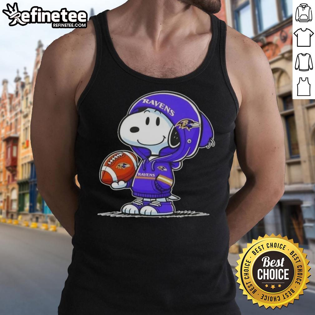 Premium Peanuts Snoopy in a hoodie smiling at fans on a Baltimore Ravens tank top, showcasing team spirit and fun.