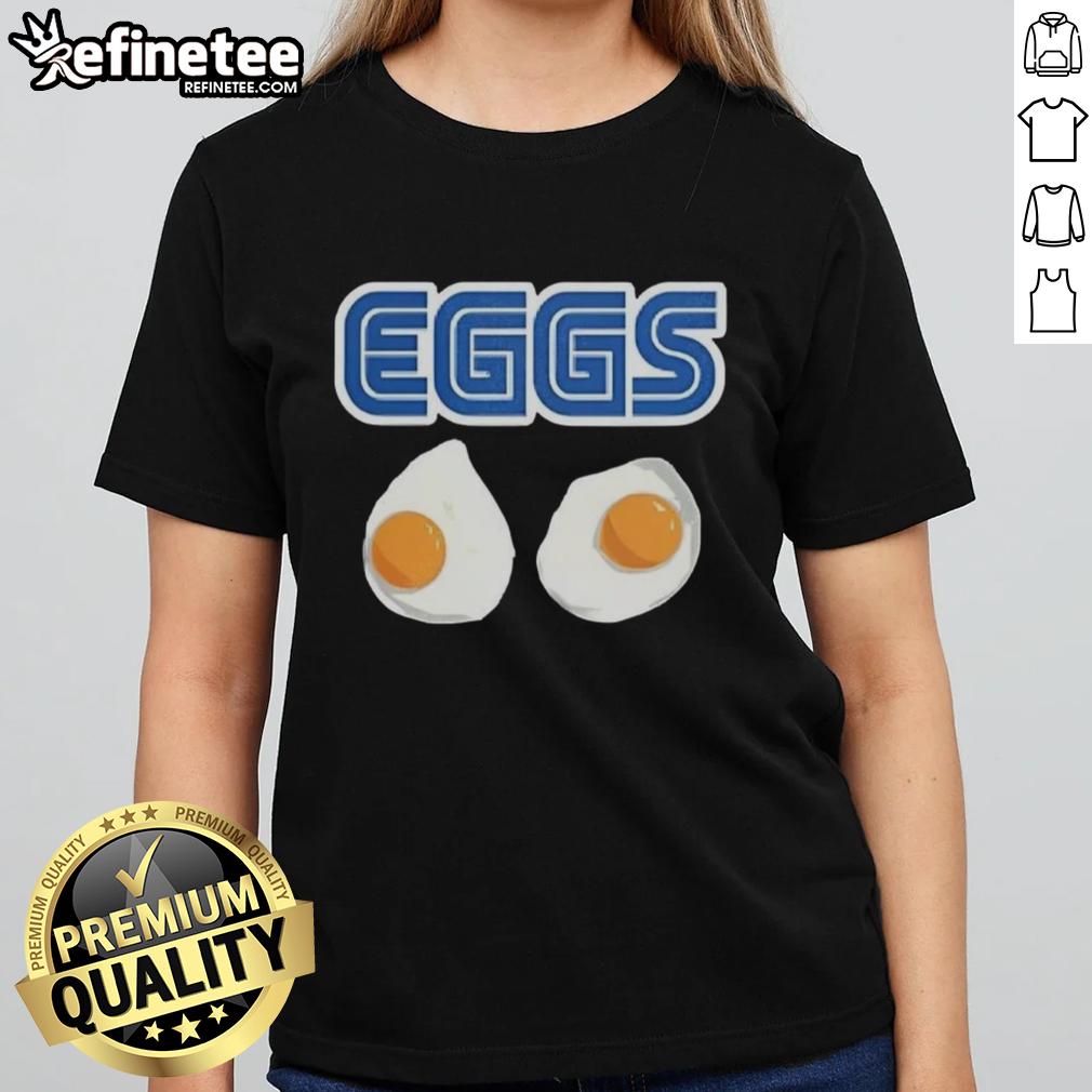 Alt Text: Top-2 Eggs Omelet Sega Parody Logo on a stylish ladies tee, perfect for gaming and food lovers.