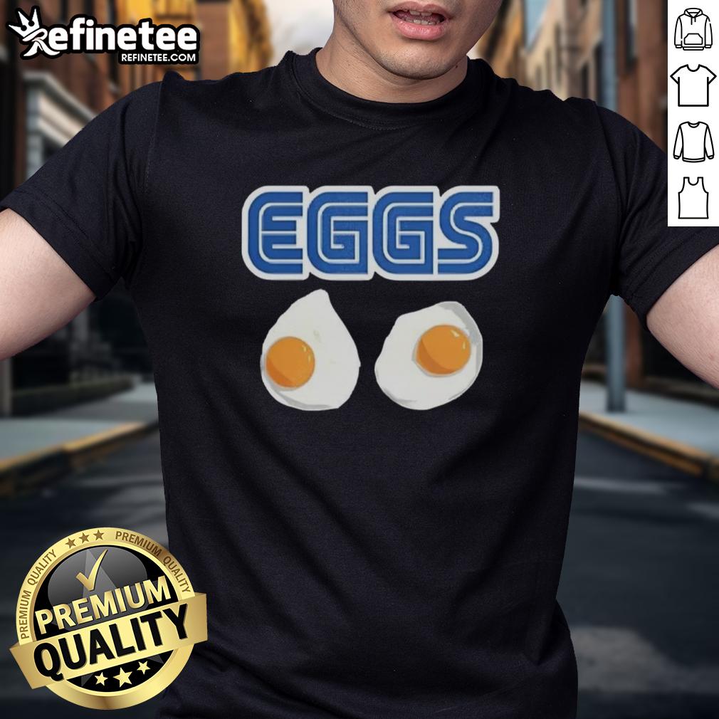 Top 2 Eggs Omelet Sega Parody Logo T-Shirt featuring a playful design inspired by classic video game graphics.