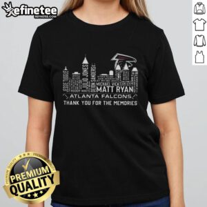 Top Atlanta Falcons Football 'Thank You For The Memories' Ladies Tee featuring player names and city skyline design.