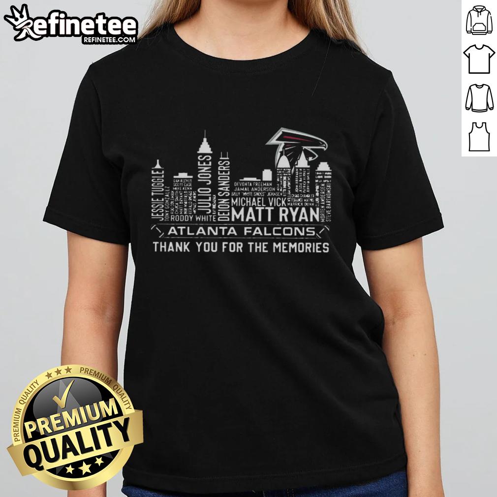Top Atlanta Falcons Football 'Thank You For The Memories' Ladies Tee featuring player names and city skyline design.