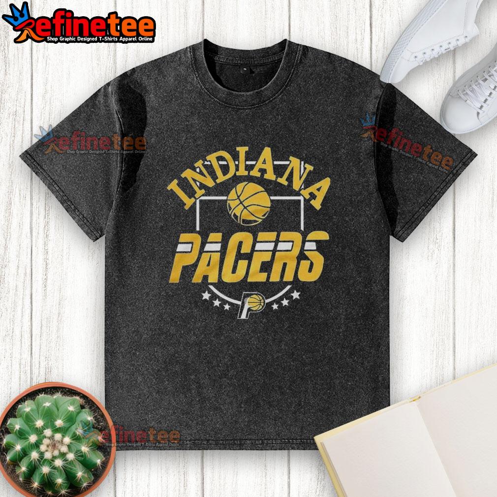 Alt Text: Top Indiana Pacers City Basketball 2025 Six Stars Logo on a washed t-shirt, showcasing team pride and style.