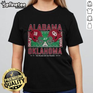 Alabama Crimson Tide vs Oklahoma Sooners NCAA CFP 2025 helmet on a ladies tee at Vaught-Hemingway Stadium.