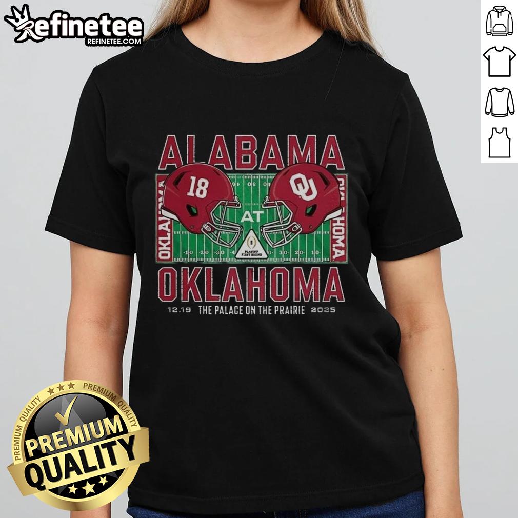 Alabama Crimson Tide vs Oklahoma Sooners NCAA CFP 2025 helmet on a ladies tee at Vaught-Hemingway Stadium.