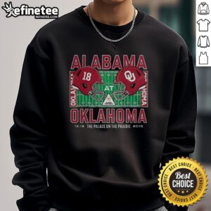 Alabama Crimson Tide vs Oklahoma Sooners NCAA CFP 2025 sweatshirt featuring team helmets at Vaught-Hemingway Stadium.
