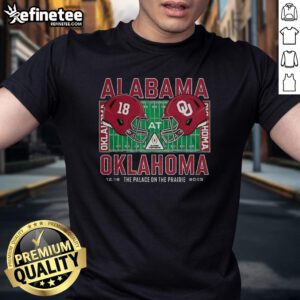 Alabama Crimson Tide vs Oklahoma Sooners NCAA CFP 2025 helmet T-shirt displayed at Vaught Hemingway Stadium.