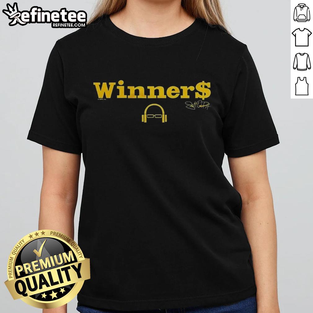 Awesome Scott Van Pelt Podcast Winner signature logo on a stylish ladies tee, perfect for fans and fashion.