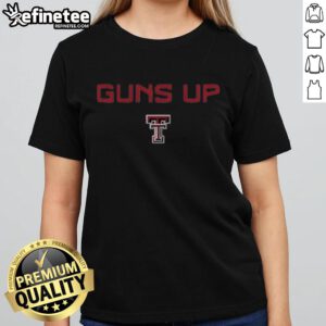 Alt Text: Awesome Texas Tech Red Raiders football logo with 'Guns Up' rally call on a ladies tee shirt design.