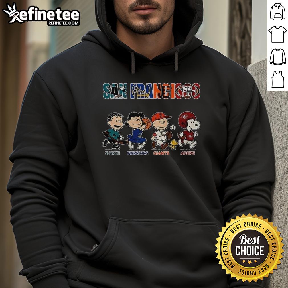 Awesome Peanuts San Francisco hoodie featuring Sharks, Warriors, Giants, and 49ers designs, perfect for sports fans.