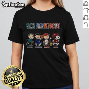 Awesome Peanuts San Francisco Sharks Warriors Giants 49ers ladies tee featuring vibrant team graphics and comfortable fit.