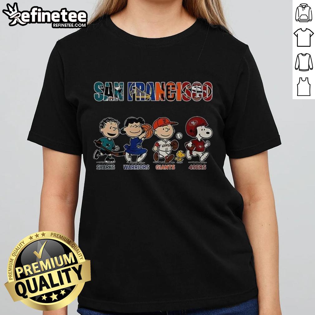 Awesome Peanuts San Francisco Sharks Warriors Giants 49ers ladies tee featuring vibrant team graphics and comfortable fit.