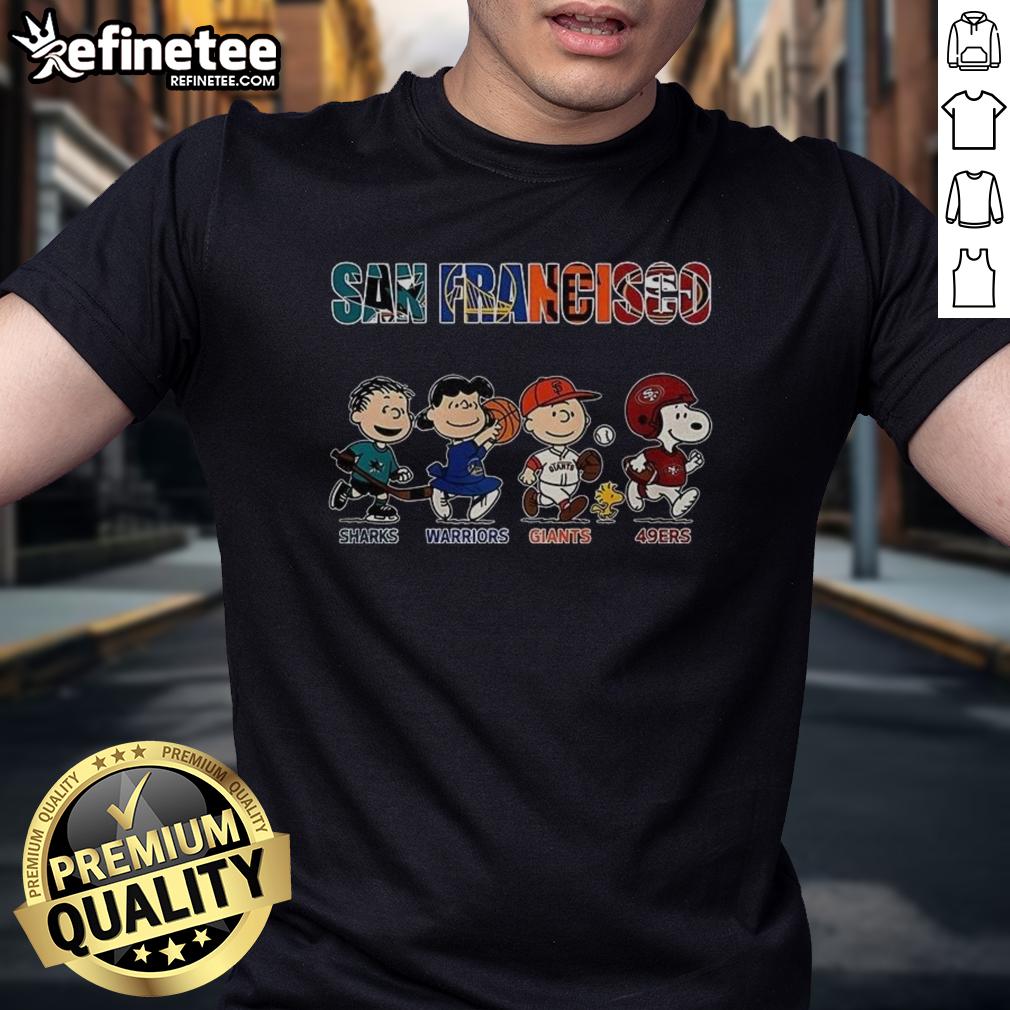 Alt Text: Awesome The Peanuts San Francisco Sharks Warriors Giants and 49ers T-Shirt featuring iconic cartoon characters.