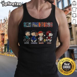 Awesome Peanuts tank top featuring San Francisco Sharks, Warriors, Giants, and 49ers logos, perfect for sports fans.