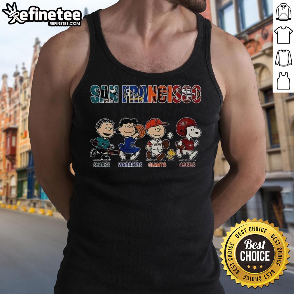 Awesome Peanuts tank top featuring San Francisco Sharks, Warriors, Giants, and 49ers logos, perfect for sports fans.