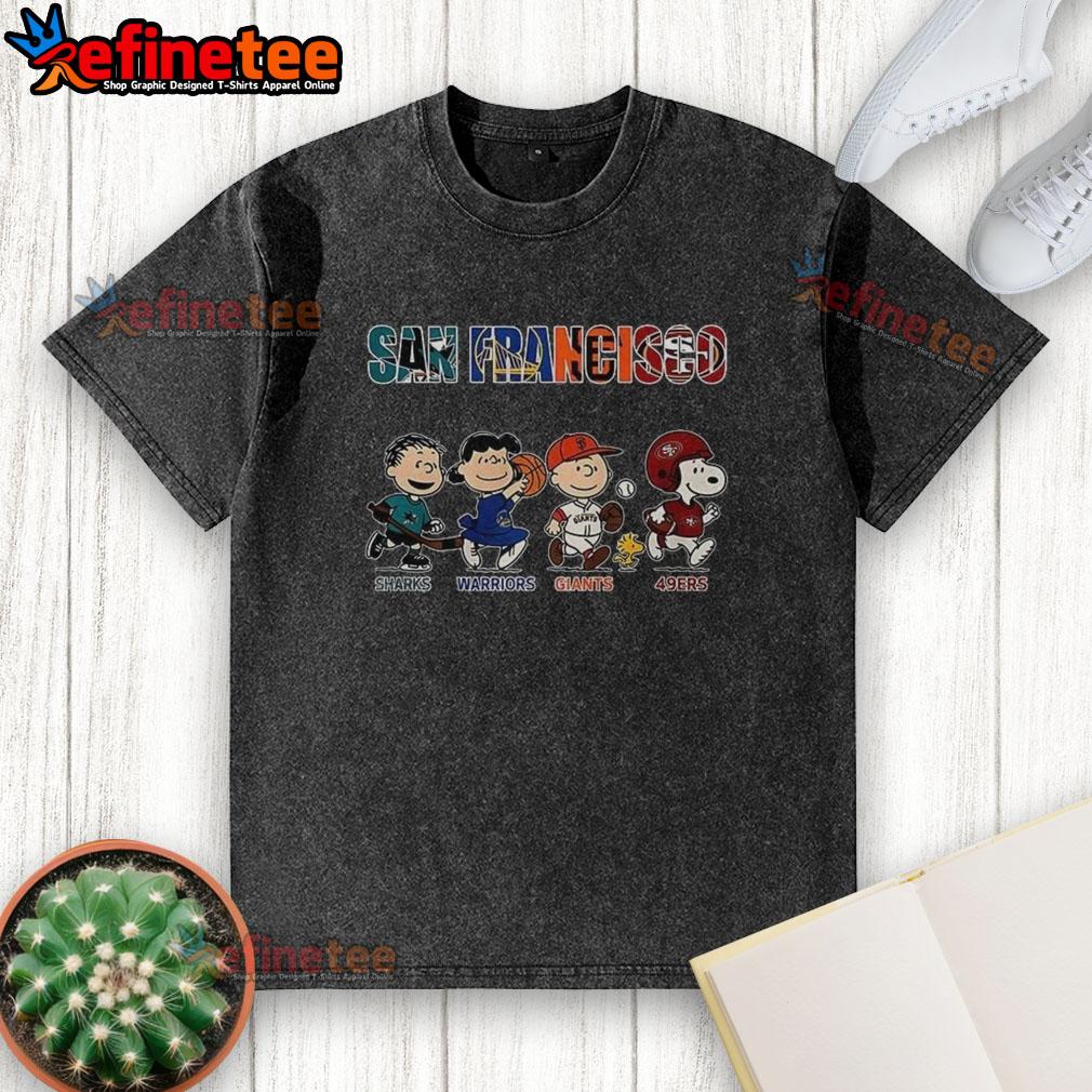 Awesome Peanuts San Francisco Sharks Warriors Giants 49ers washed t-shirt featuring vibrant team logos and colors.