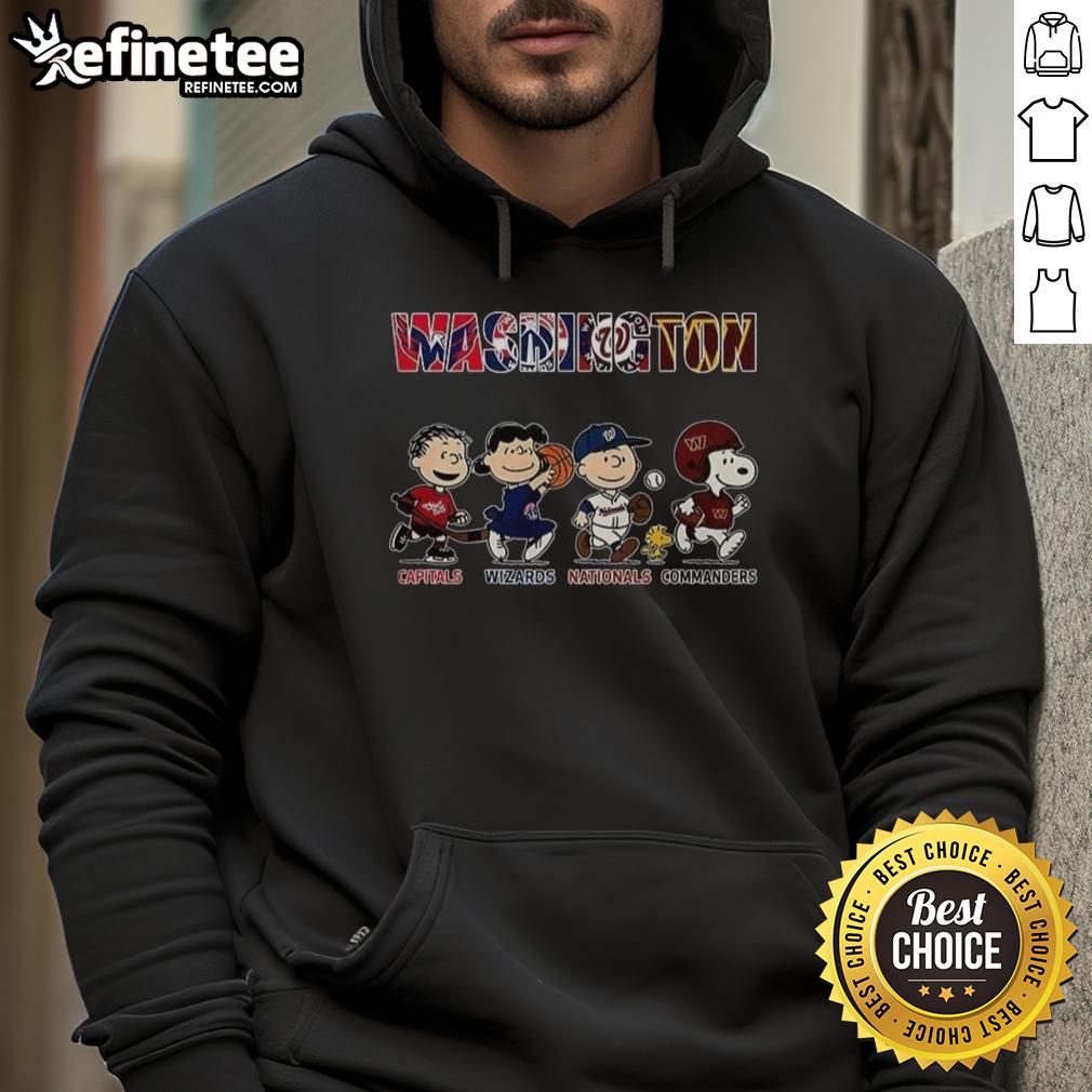 Awesome Peanuts hoodie featuring Washington Capitals, Wizards, Nationals, and Commanders logos, perfect for sports fans.