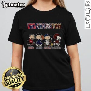 Awesome Peanuts ladies tee featuring Washington Capitals, Wizards, Nationals, and Commanders logos for sports fans.