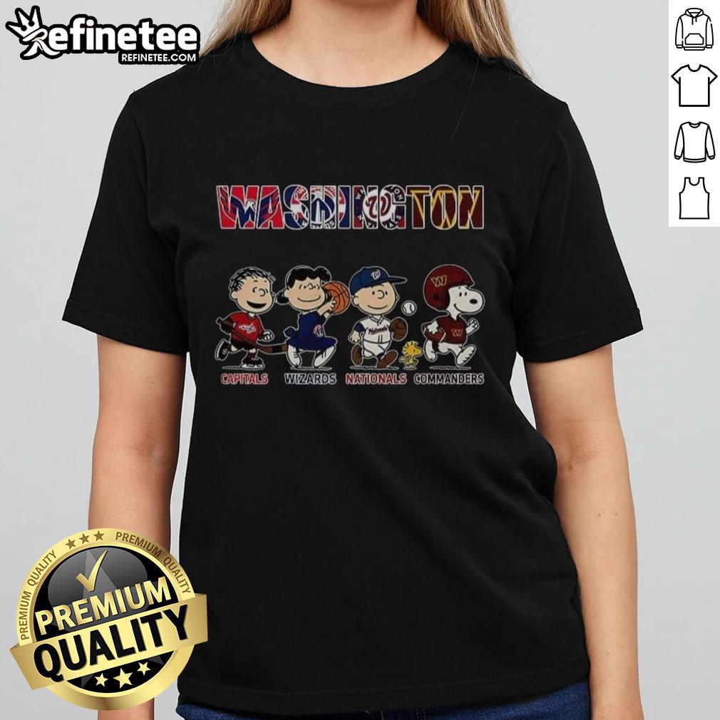 Awesome Peanuts ladies tee featuring Washington Capitals, Wizards, Nationals, and Commanders logos for sports fans.