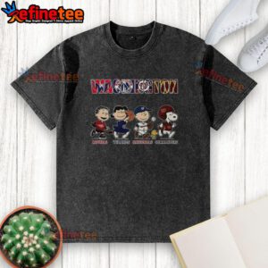 Alt Text: Awesome Peanuts-themed Washington Capitals, Wizards, Nationals, and Commanders washed t-shirt for sports fans.