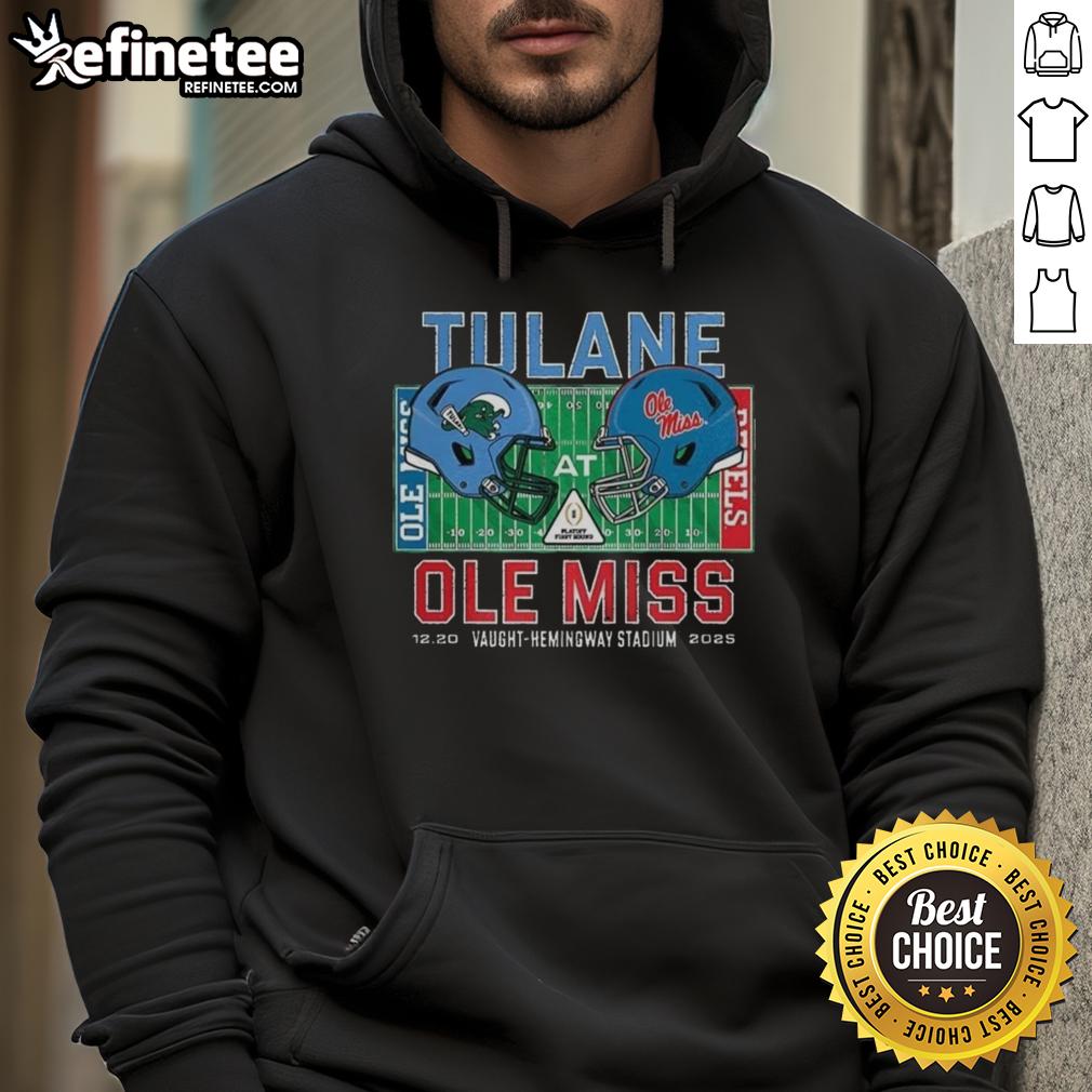 Alt Text: Awesome Tulane Green Wave vs Ole Miss Rebels NCAA CFP 2025 helmet hoodie at Vaught-Hemingway Stadium.