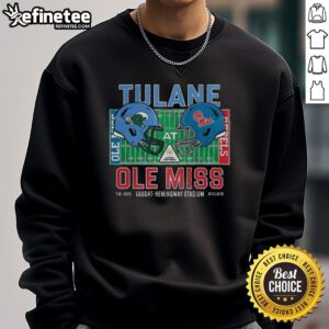 Alt Text: Awesome Tulane Green Wave vs Ole Miss Rebels NCAA CFP 2025 sweatshirt featuring team helmets at Vaught-Hemingway Stadium.