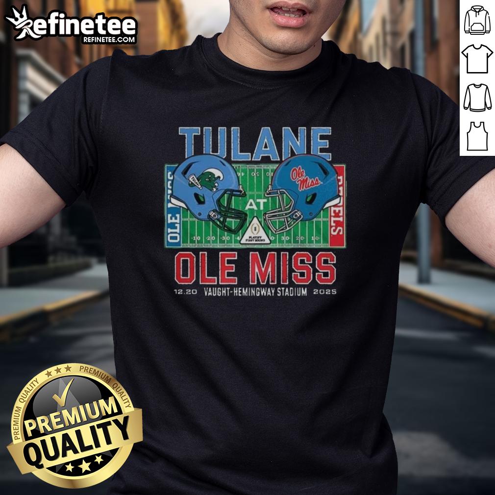 Awesome Tulane Green Wave vs Ole Miss Rebels NCAA CFP 2025 helmet t-shirt displayed at Vaught Hemingway Stadium.