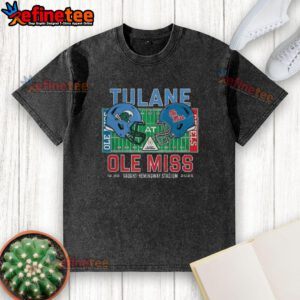 Alt Text: Tulane Green Wave vs Ole Miss Rebels NCAA CFP 2025 helmet washed t-shirt displayed at Vaught-Hemingway Stadium.