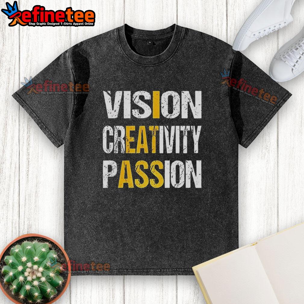 Alt Text: Awesome Vision Creativity Passion Letter on a Washed T-Shirt, perfect for expressing artistic style and individuality.