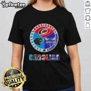 Good Carolina City Sports ladies tee featuring Hurricanes, Hornets, and Panthers logos for fans of Charlotte teams.