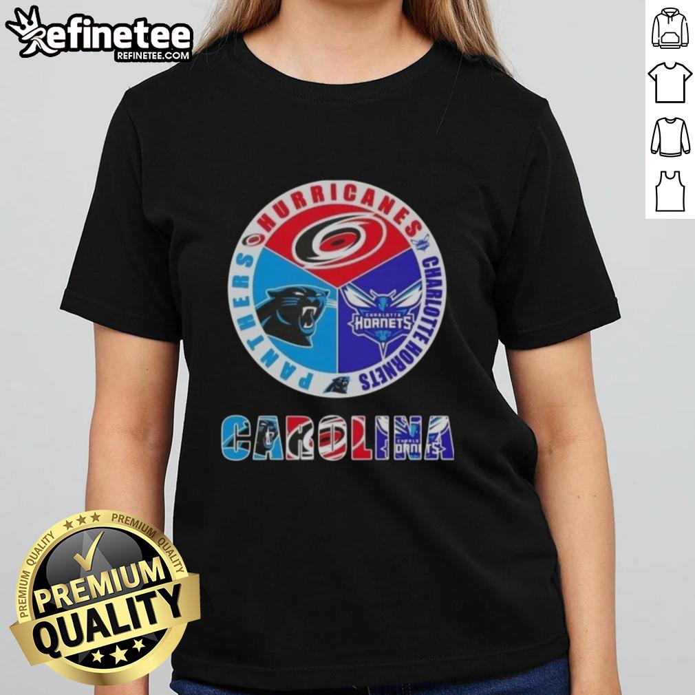 Good Carolina City Sports ladies tee featuring Hurricanes, Hornets, and Panthers logos for fans of Charlotte teams.