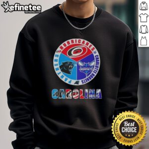 Alt Text: Cozy sweatshirt featuring logos of Carolina Hurricanes, Charlotte Hornets, and Panthers for sports fans.