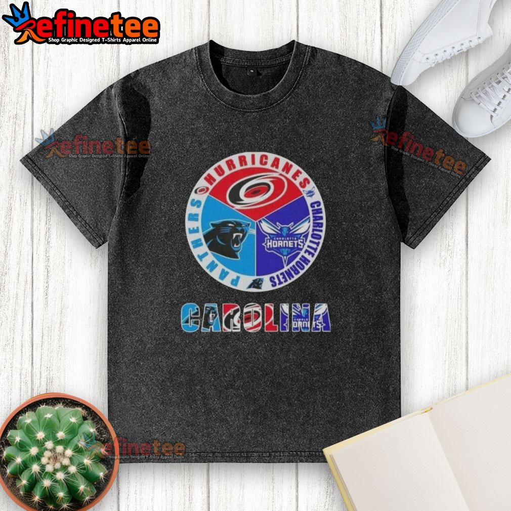 Alt Text: Good Carolina City Sports Hurricanes Charlotte Hornets Panthers logo washed t-shirt in vibrant colors.