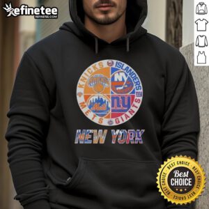 Good New York Knicks, Islanders, Mets, Giants mashup logo hoodie featuring vibrant team colors and unique design.
