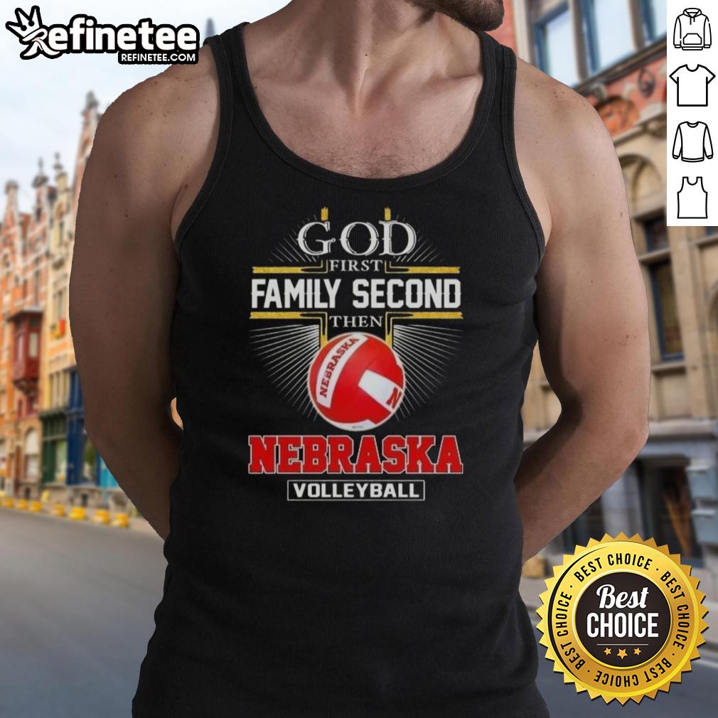 Nice Cross God First Family Second Nebraska Volleyball tank top design featuring bold graphics and vibrant colors.