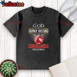 Alt Text: Nice Cross God First Family Second Nebraska Volleyball washed t-shirt in vibrant colors, perfect for fans.