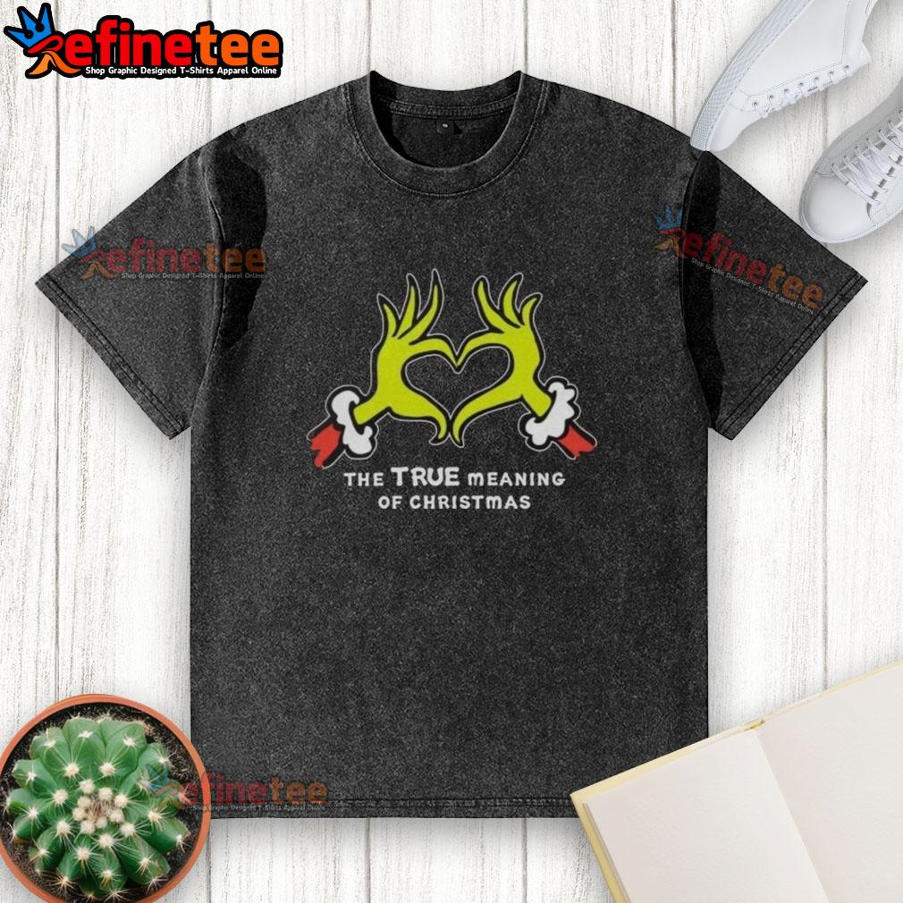 Nice Grinch hands forming a heart on a washed t-shirt, capturing the true meaning of Christmas spirit and joy.