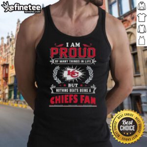 Tank top featuring 'Proud Kansas City Chiefs Fan' graphic, perfect for showing team spirit on game day.