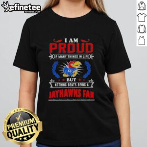 Womens tee featuring 'Proud Kansas Jayhawks Fan' design, perfect for showing school spirit and support for KU basketball.