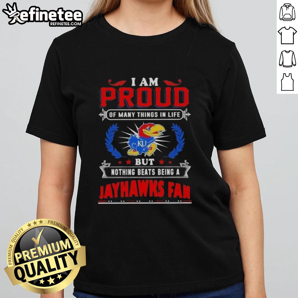Womens tee featuring 'Proud Kansas Jayhawks Fan' design, perfect for showing school spirit and support for KU basketball.