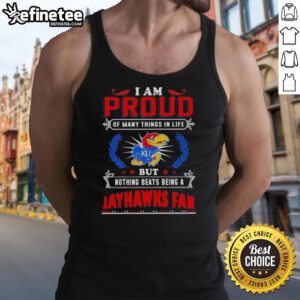 Tank top featuring 'Proud Kansas Jayhawks Fan' design, perfect for showing team spirit and loyalty to Kansas basketball.