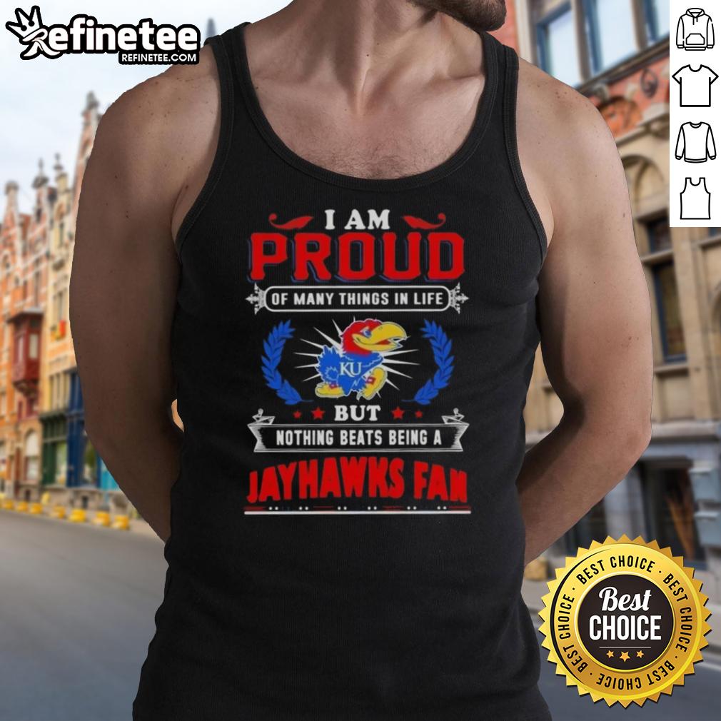 Tank top featuring 'Proud Kansas Jayhawks Fan' design, perfect for showing team spirit and loyalty to Kansas basketball.