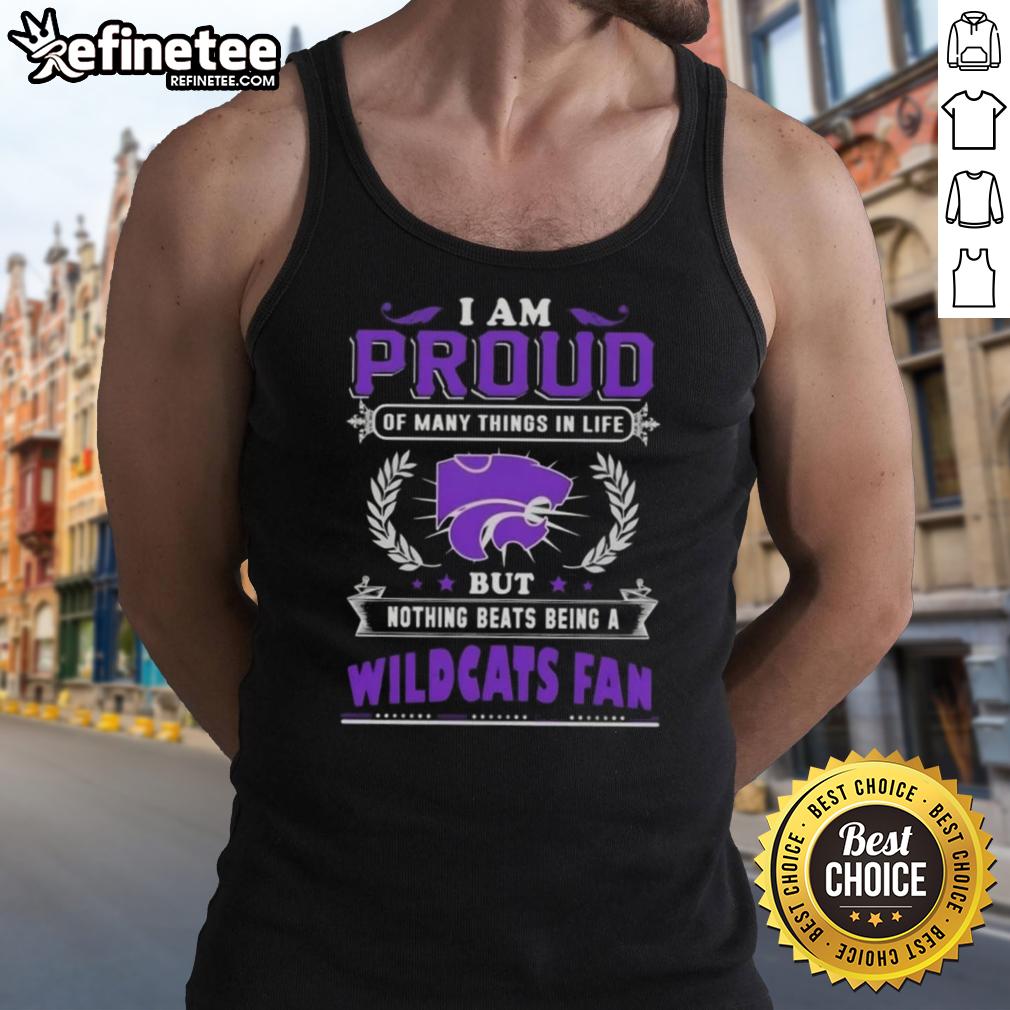 Stylish tank top featuring 'Proud Kansas State Wildcats Fan' slogan, perfect for showing team spirit and pride.