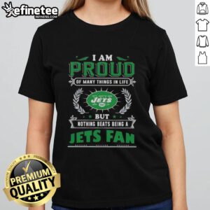 Womens tee featuring 'Proud to be a New York Jets fan' design, perfect for passionate Jets supporters.