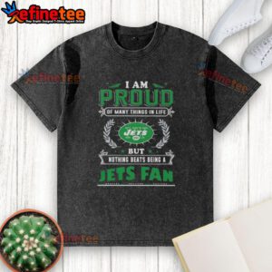 Proud New York Jets fan wearing a washed t-shirt showcasing their love for the team and football spirit.