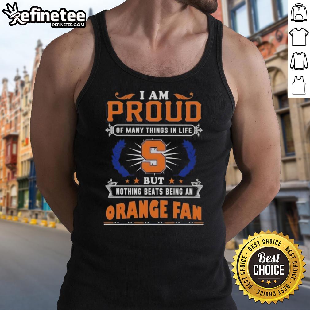 Tank top featuring 'Proud Syracuse Orange Fan' design, perfect for showing team spirit and support for Syracuse sports.