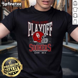 Alt Text: Oklahoma Sooners 2025-2026 College Football Playoff Bound Helmet T-Shirt featuring team colors and logo design.