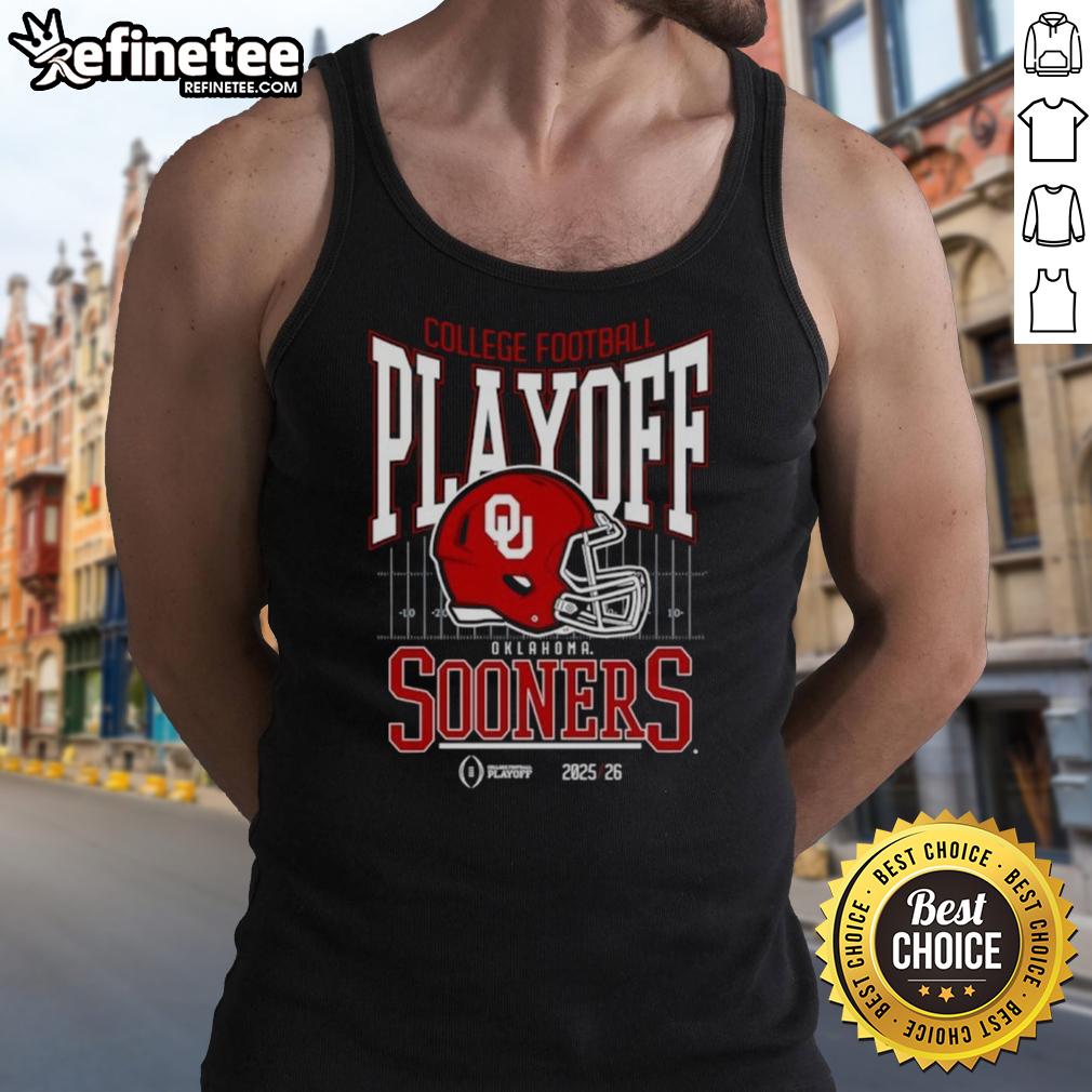 Nice Oklahoma Sooners 2025-2026 College Football Playoff Bound helmet tank top design featuring team colors and logo.