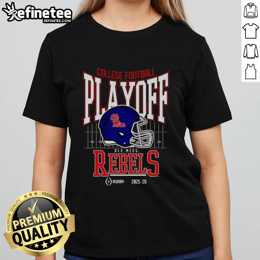 2025-2026 Ole Miss Rebels College Football Playoff Bound helmet design on a ladies tee shirt, perfect for fans.
