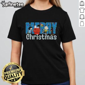 Alt Text: Nice Peanuts Snoopy and Friends Merry Christmas Lights Graphic on a Ladies Tee, perfect holiday apparel.